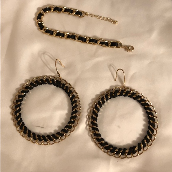 😃Gold Tone & Leather Bracelet & Earring Set - Picture 5 of 5